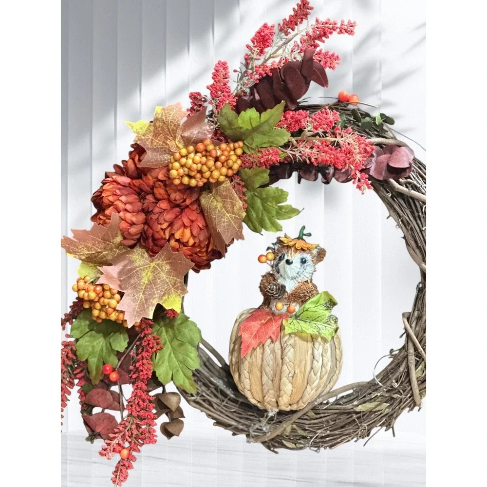 Handmade Fall Wreath: Faux Pumpkin, Pinecone & Berry Door Decor